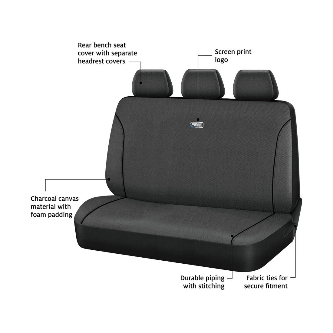Ridge Ryder Canvas Seat Cover Charcoal/Black Piping Adjustable Headrests Rear Seat 06H, , scanz_hi-res
