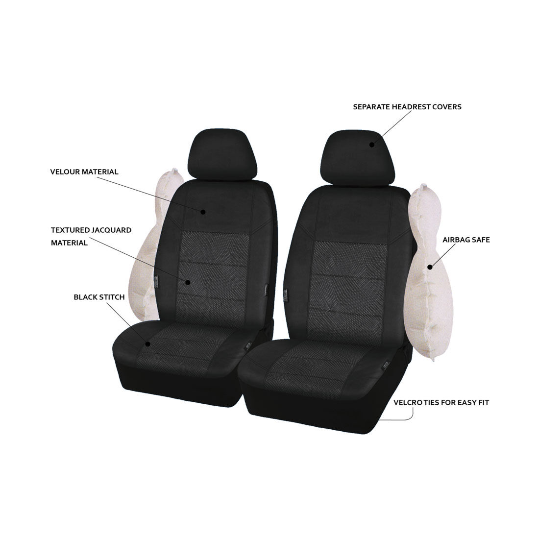 SCA Premium Jacquard and Velour Seat Covers Black Adjustable Headrests Airbag Compatible 30SAB, , scanz_hi-res