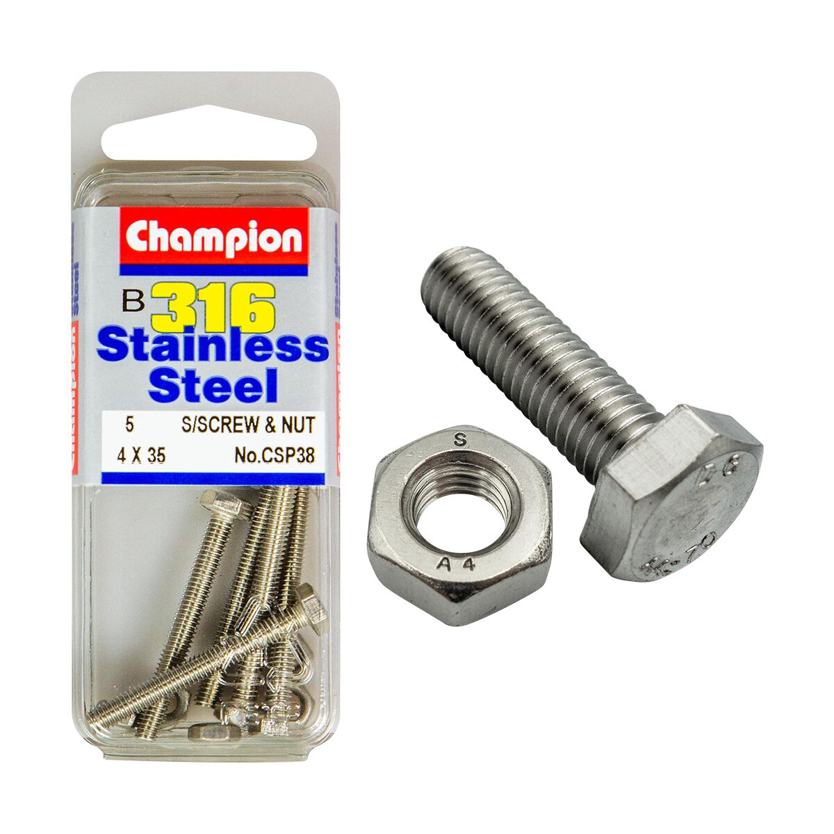 Champion Hex Set Screws & Nuts Stainless Steel M4x35mm & M4x0.7mm 316/A4, , scanz_hi-res