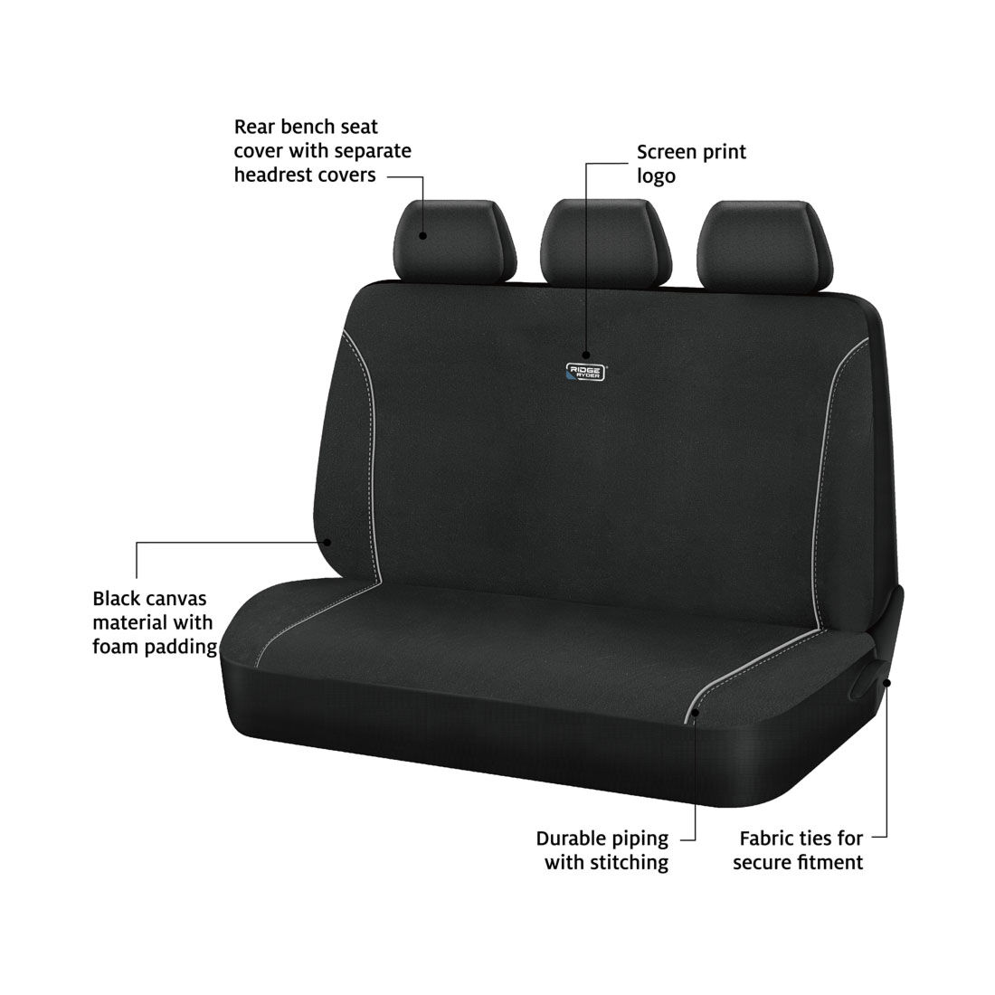 Ridge Ryder Canvas Seat Cover Black/Grey Piping Adjustable Headrests Rear Seat 06H, , scanz_hi-res