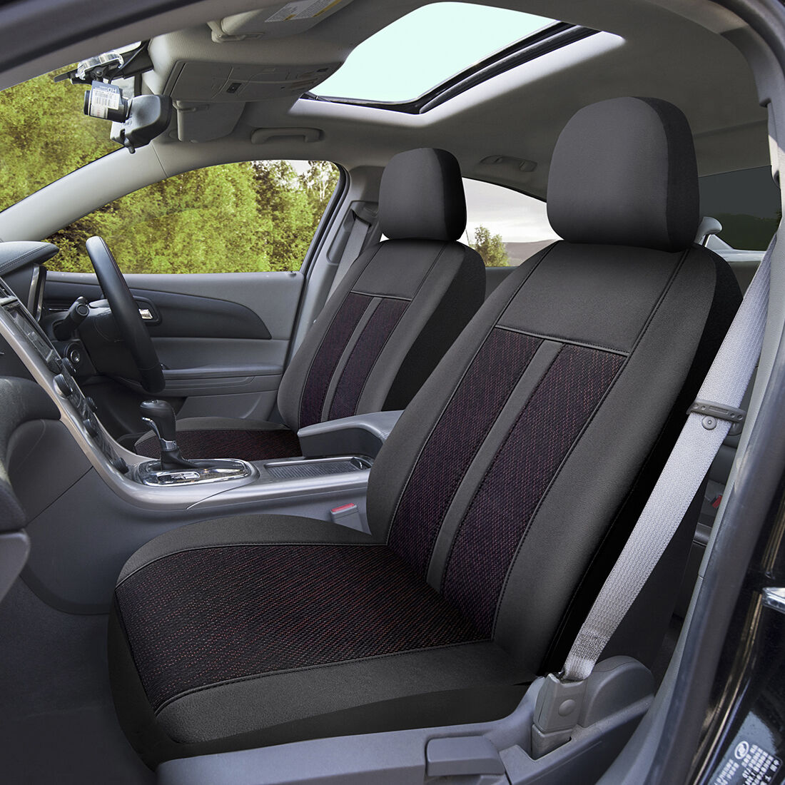 SCA Premium Jacquard & Leather Look Seat Covers Black/Red Adjustable Headrests Airbag Compatible 30SAB, , scanz_hi-res