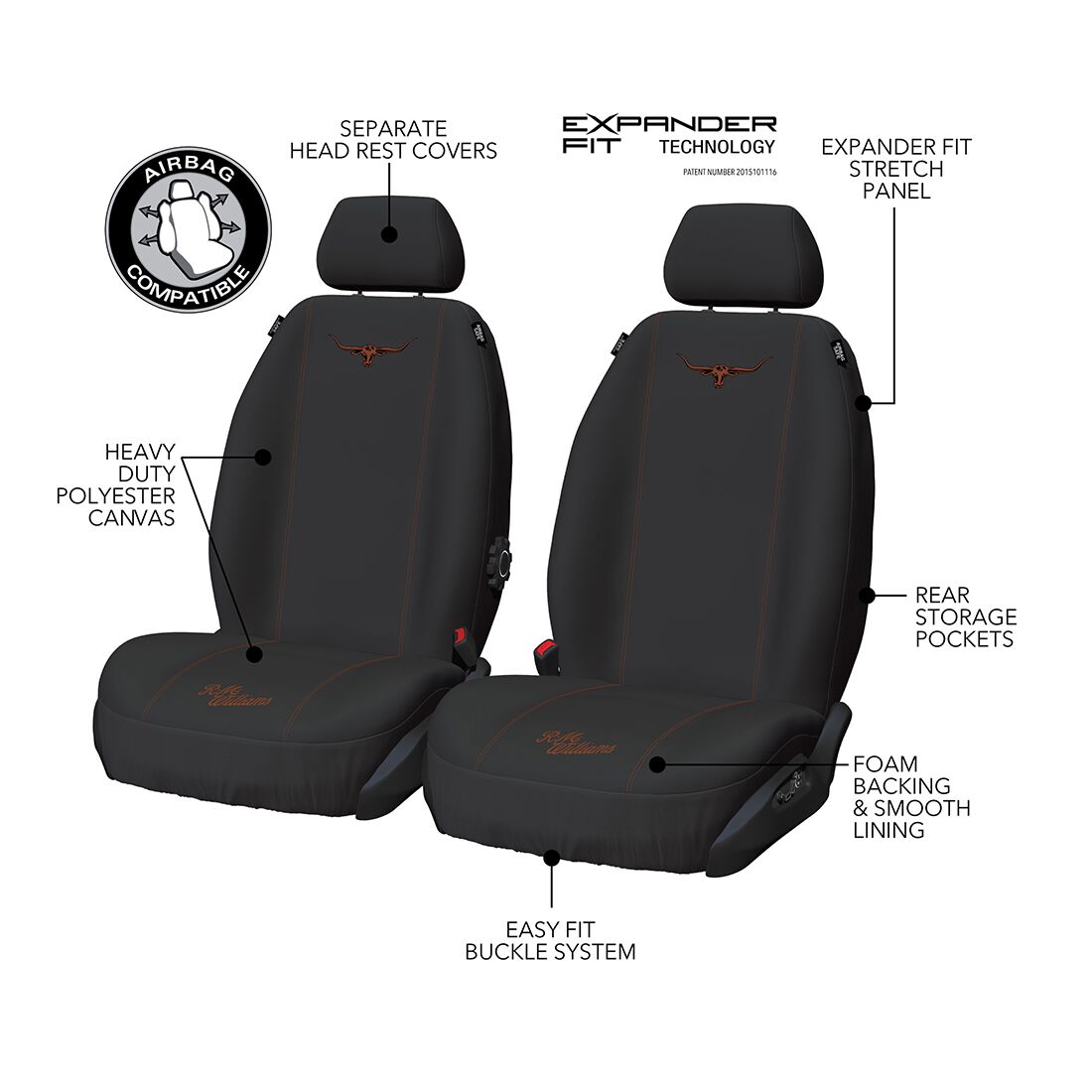 R.M.Williams Tan Poly Canvas Seat Covers, Black/Tan, Adjustable Headrests, Airbag Compatible, , scanz_hi-res