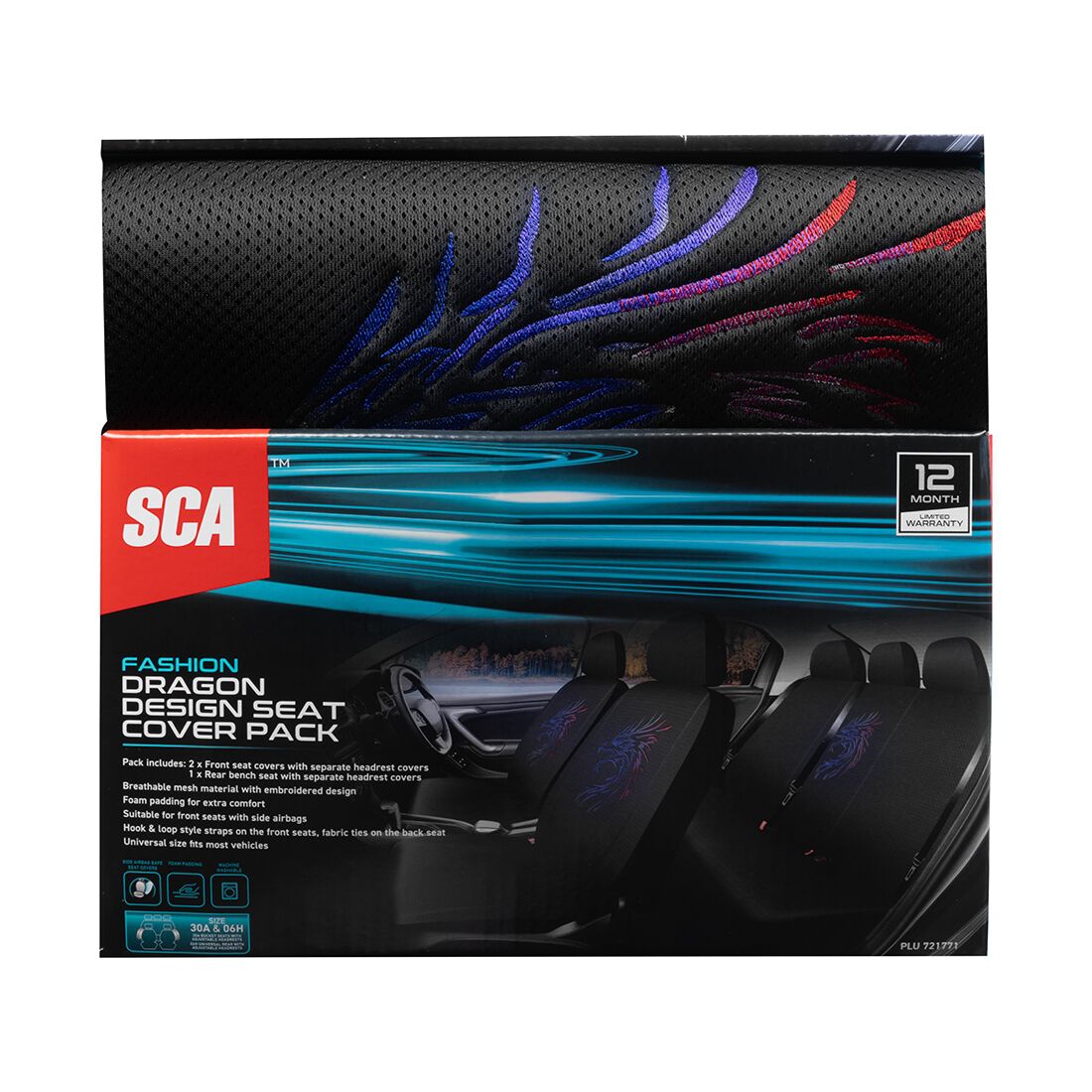 SCA Dragon Seat Cover Pack Red/Black Adjustable Headrests Airbag Compatible 30&06H SAB, , scanz_hi-res