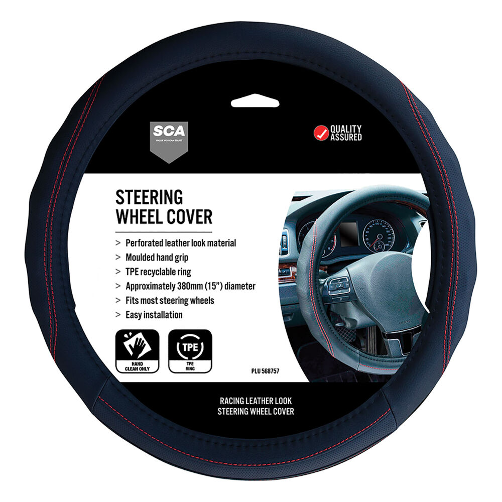 SCA Steering Wheel Cover PU Racing, Black/Red, 380mm diameter