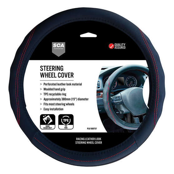SCA Steering Wheel Cover - PU Racing, Black/Red, 380mm diameter, , scanz_hi-res