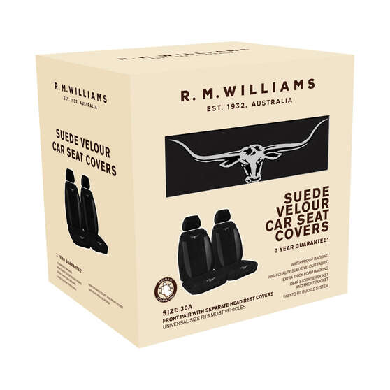 R.M.Williams Suede Velour Seat Covers Black Adjustable Headrests Size 30 Front Pair Airbag Compatible, , scanz_hi-res