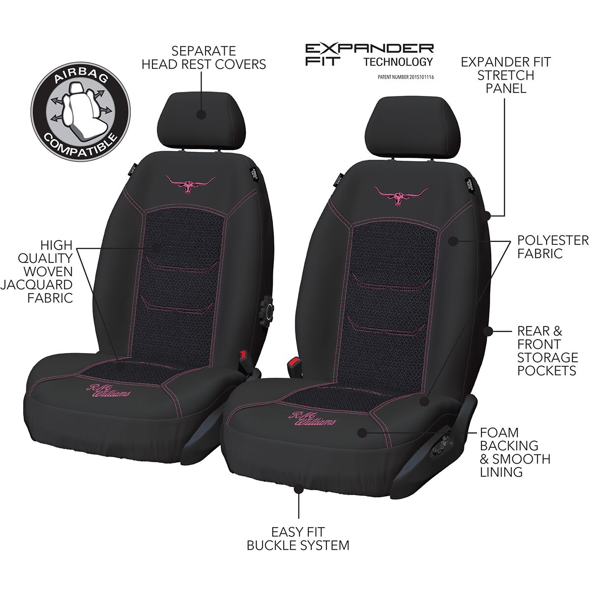 R.M.Williams Jacquard Seat Covers Front Pair Black/Pink Size 30, , scanz_hi-res