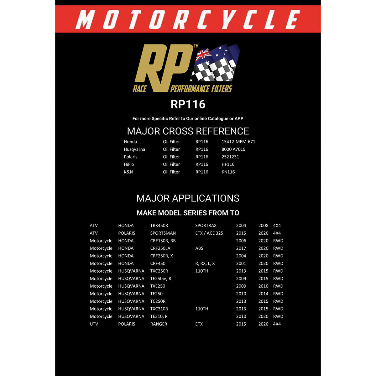 Race Performance Motorcycle Oil Filter RP116, , scanz_hi-res