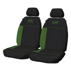 Tradies Poly Canvas Seat Covers Black/Green Front Pair Adjustable Headrests Airbag Compatible, , scanz_hi-res