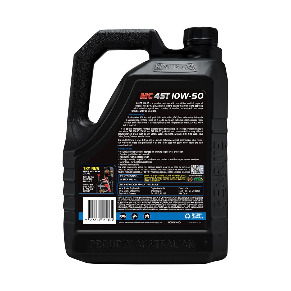 Penrite MC-4 Semi Synthetic Motorcycle Oil - 10W-50, 4 Litre, , scanz_hi-res