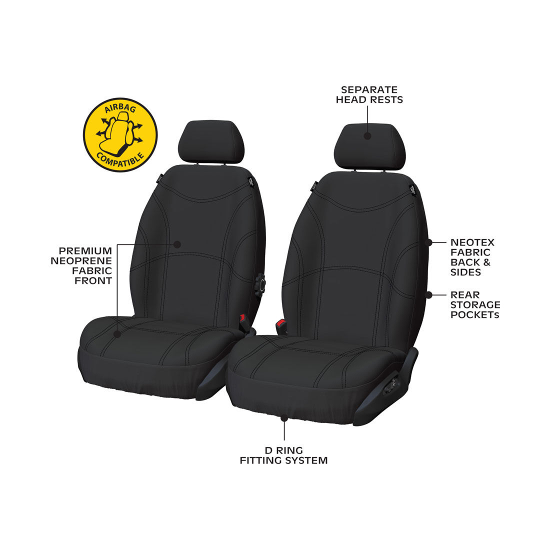 Getaway Neoprene Ready Made Seat Covers Front Pair Black suits Triton, , scanz_hi-res