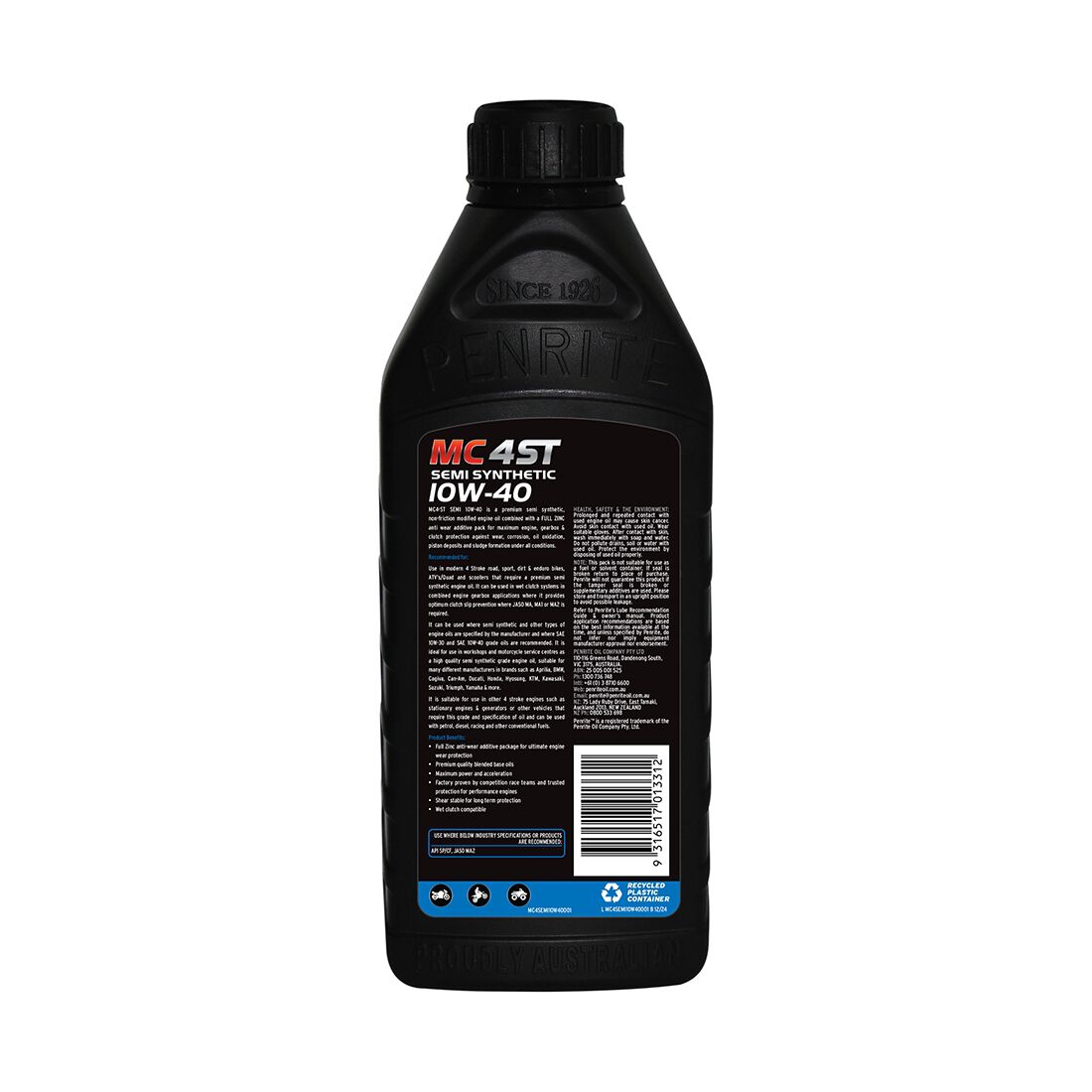 Penrite MC-4ST Semi Synthetic Motorcycle Oil 10W-40 1 Litre, , scanz_hi-res
