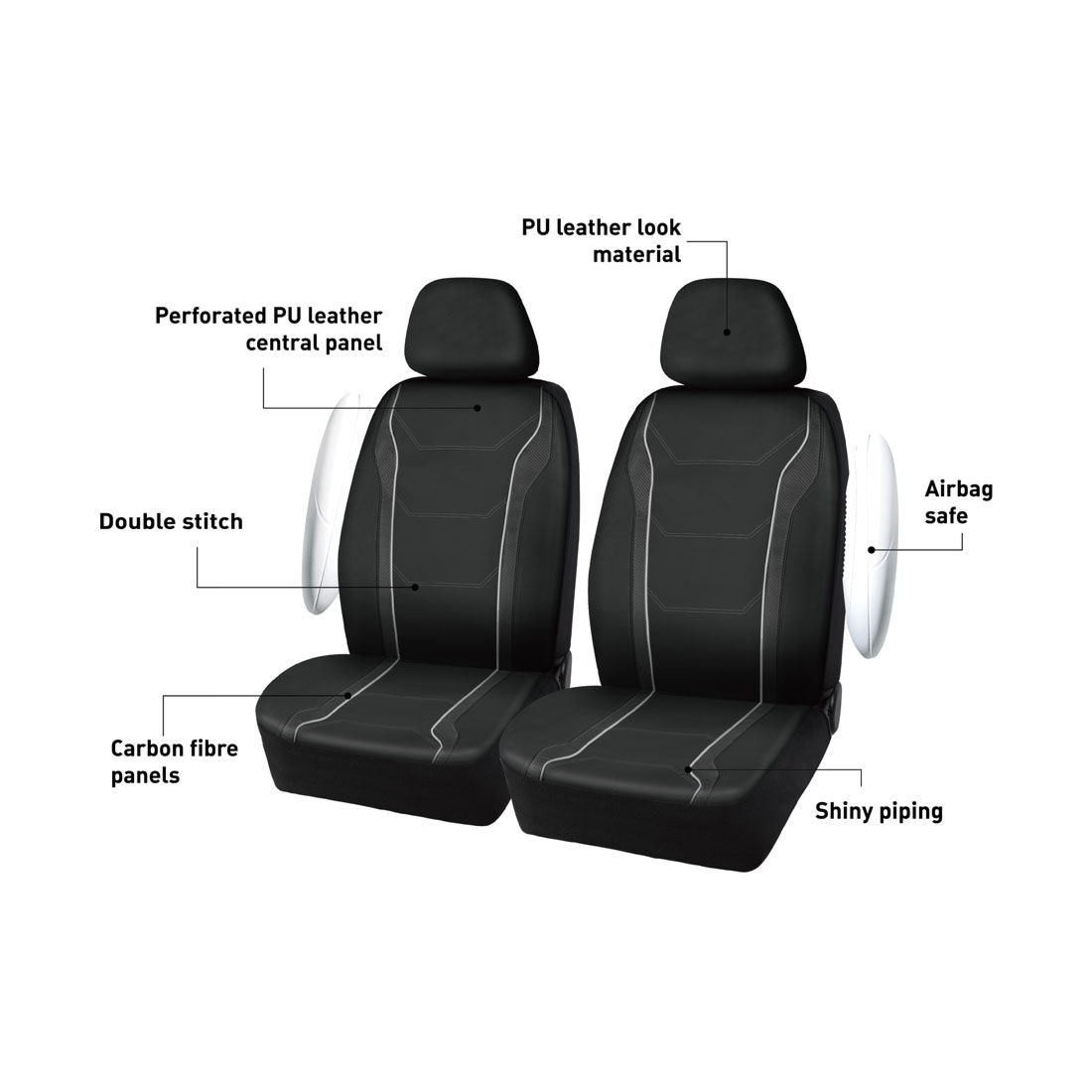 SCA Sports Leather Look & Carbon Seat Covers Black Adjustable Headrests Airbag Compatible, , scanz_hi-res