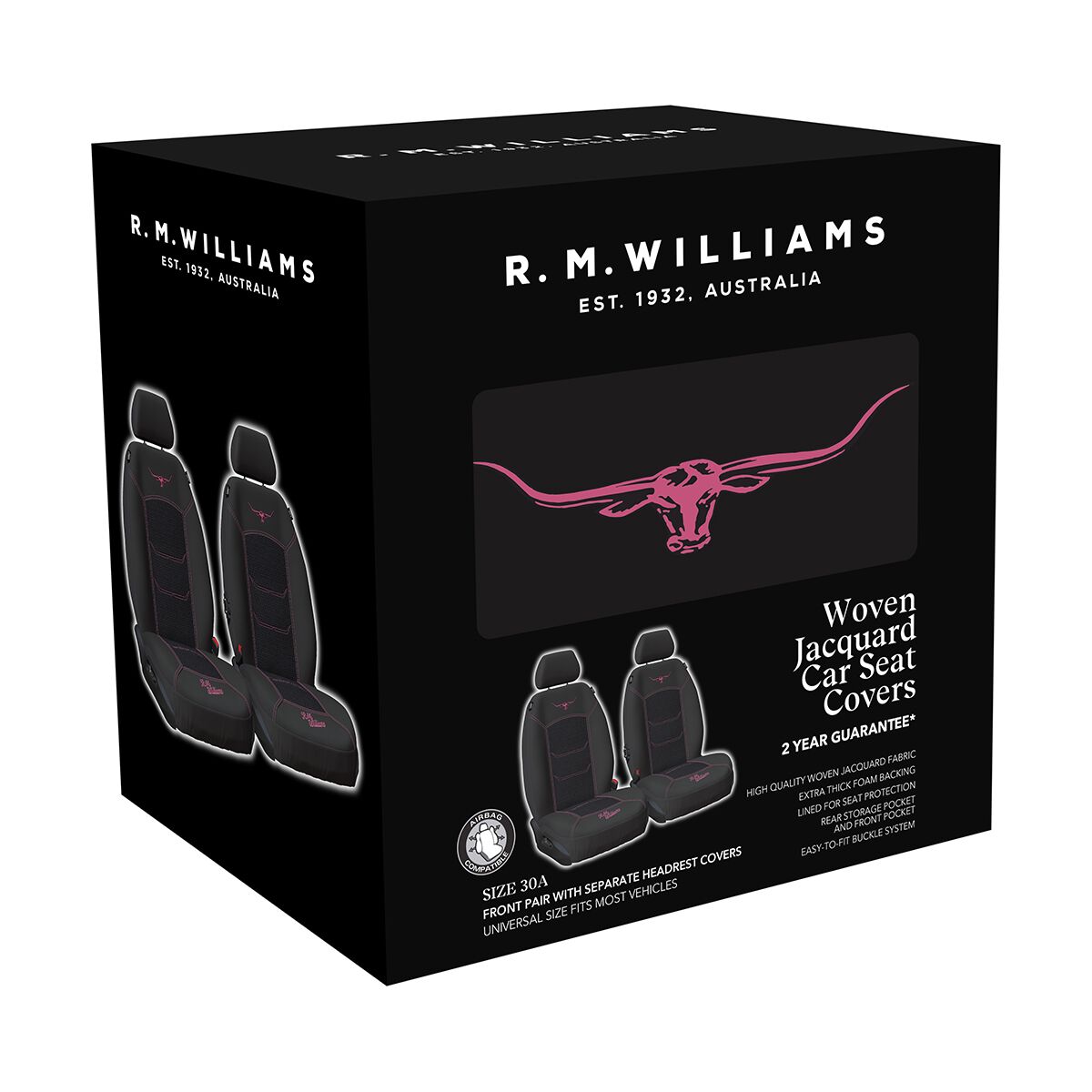 R.M.Williams Jacquard Seat Covers Front Pair Black/Pink Size 30, , scanz_hi-res
