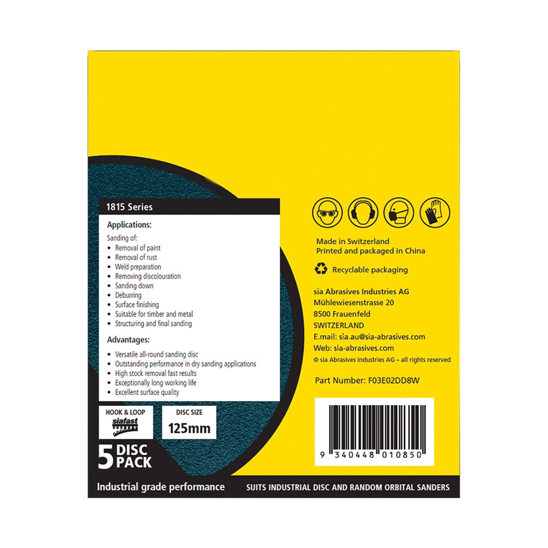 SIA Abrasives 125mm Heavy Duty Sanding Disc, 1815 Series, No Hole, Mixed Grit, 5 Pack, , scanz_hi-res