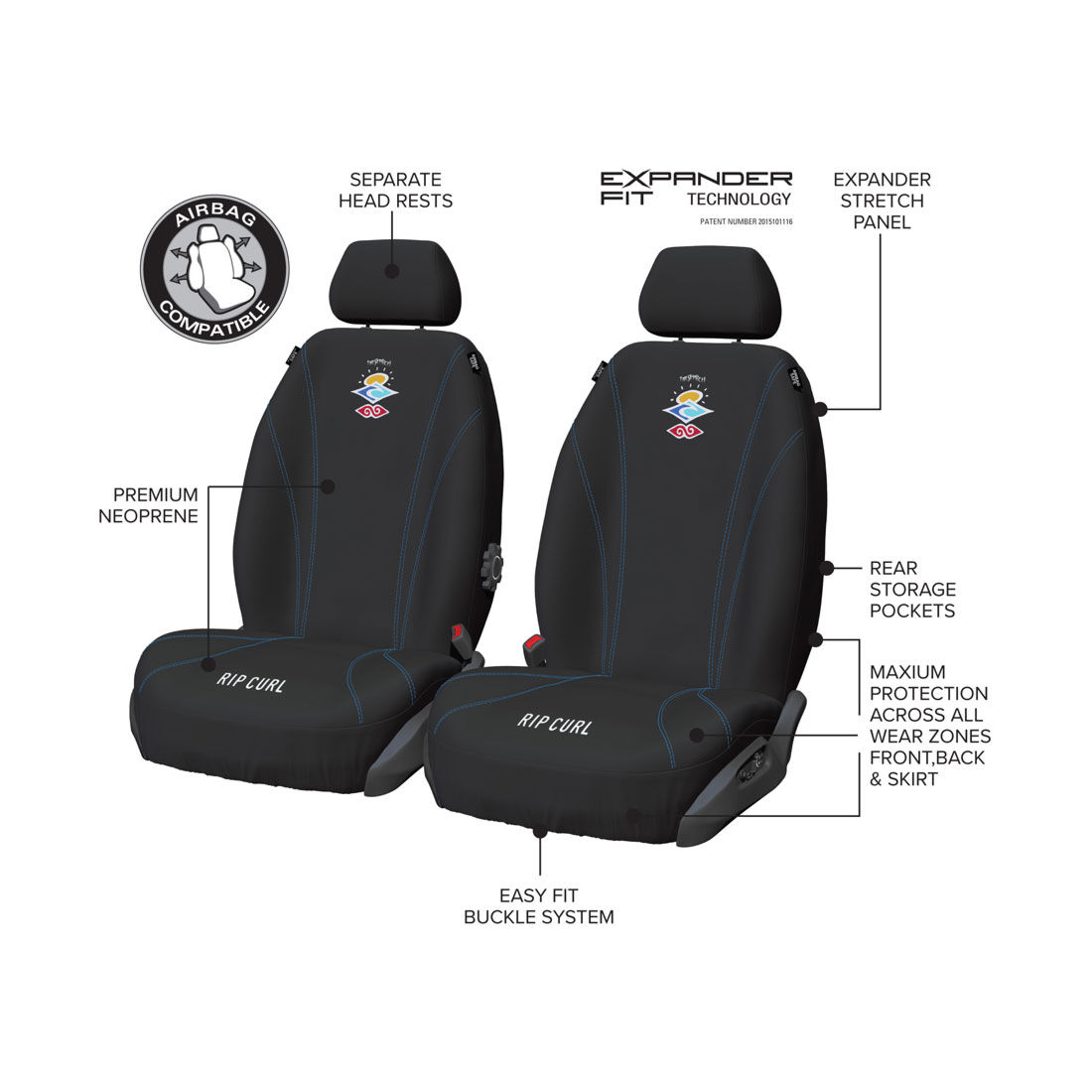 Rip Curl The Search Neoprene Seat Covers Black Adjustable Headrests Airbag Compatible, , scanz_hi-res