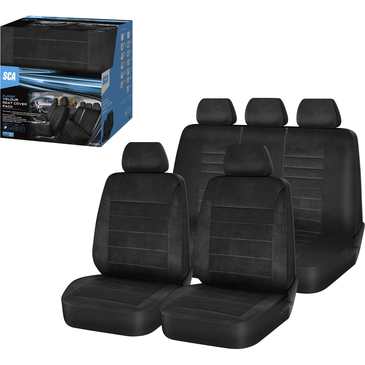 SCA Velour Executive Seat Cover Pack Black Adjustable Headrests Airbag Compatible 30&06H SAB, , scanz_hi-res