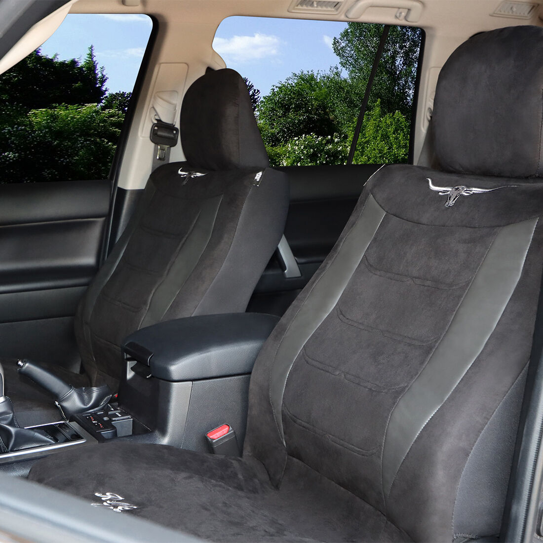 R.M.Williams Suede Velour Seat Covers Black Adjustable Headrests Size 30 Front Pair Airbag Compatible, , scanz_hi-res
