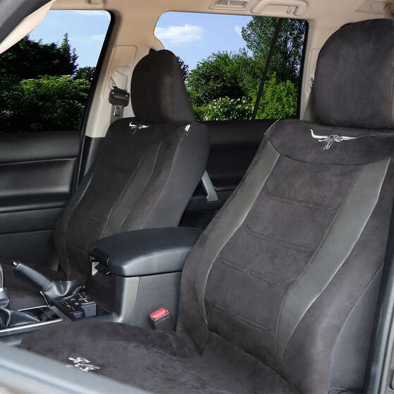 R.M.Williams Suede Velour Seat Covers Black Adjustable Headrests Size 30 Front Pair Airbag Compatible, , scanz_hi-res