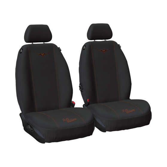 R.M.Williams Tan Poly Canvas Seat Covers, Black/Tan, Adjustable Headrests, Airbag Compatible, , scanz_hi-res