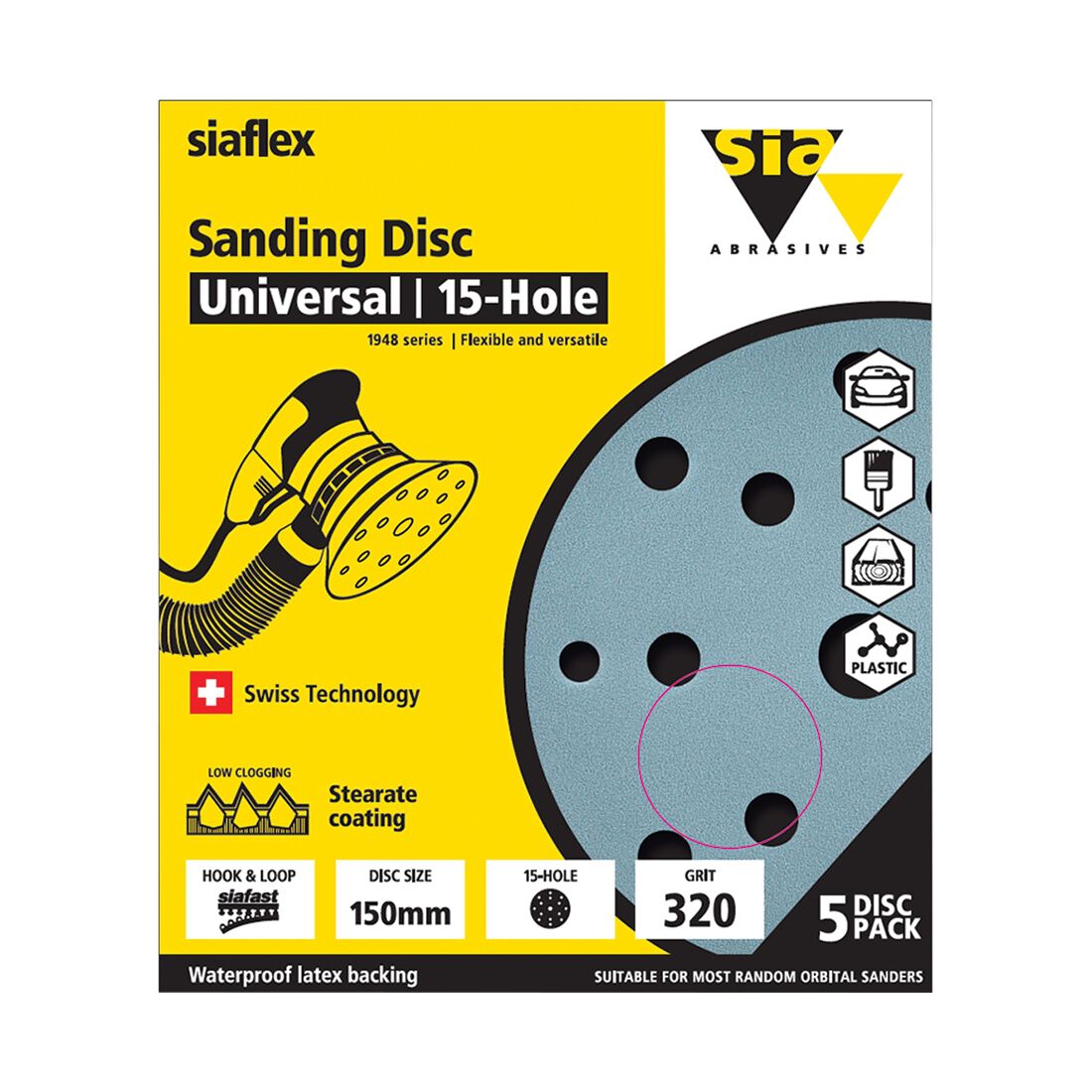 SIA Abrasives 150mm Wet & Dry Sanding Disc, 1948 Series, 8 Hole, 320 Grit, 5 Pack, , scanz_hi-res