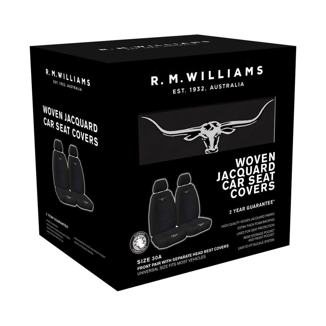 R.M.Williams Woven Seat Covers Black Adjustable Headrests Size 30 Front Pair Airbag Compatible, , scanz_hi-res