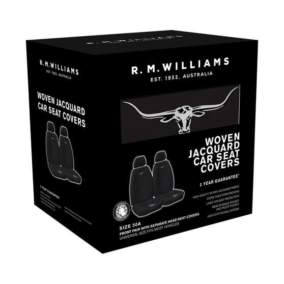 R.M.Williams Woven Seat Covers Black Adjustable Headrests Size 30 Front Pair Airbag Compatible, , scanz_hi-res