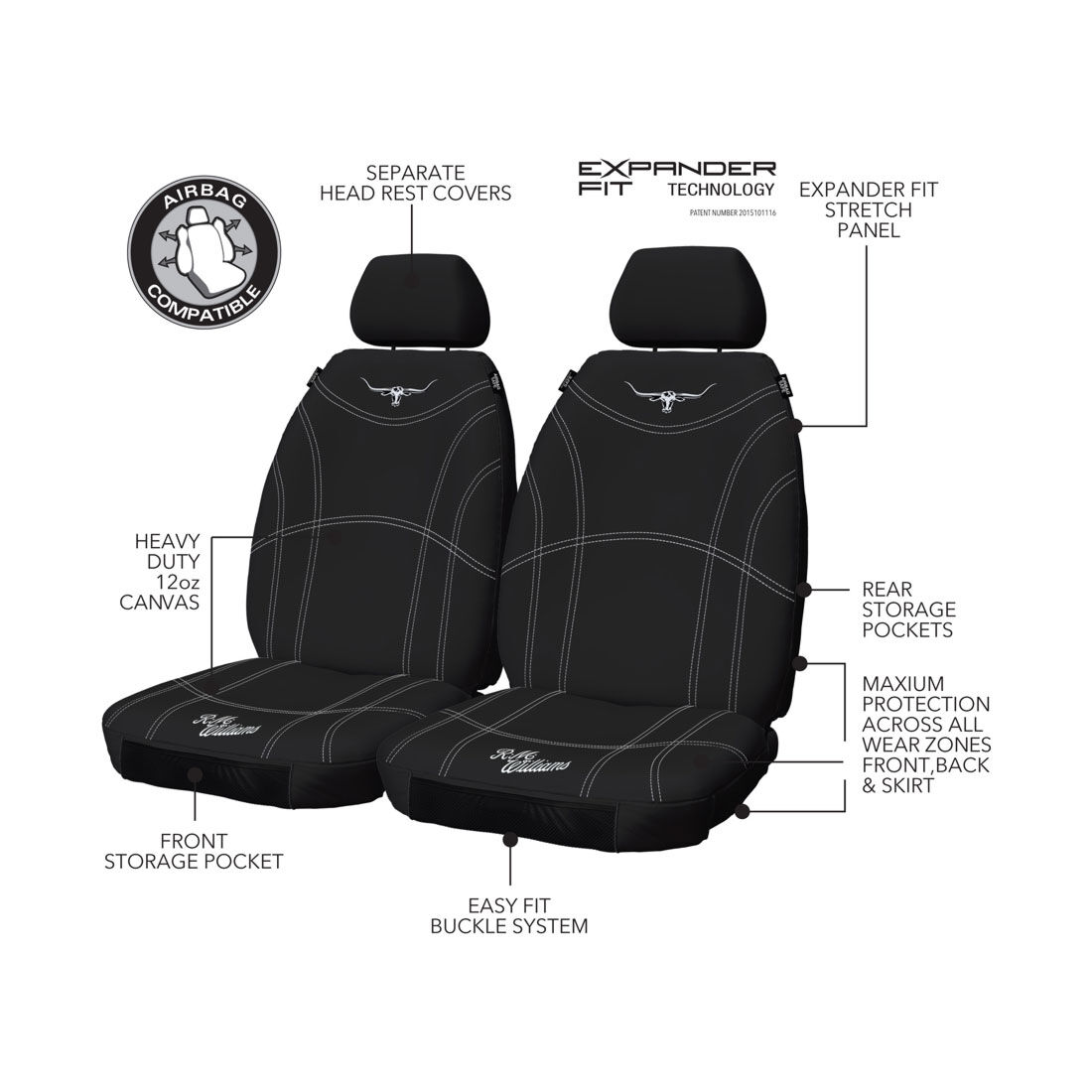 R.M.Williams Canvas Seat Cover Black Adjustable Headrests Size 30 Front Pair Airbag Compatible, , scanz_hi-res