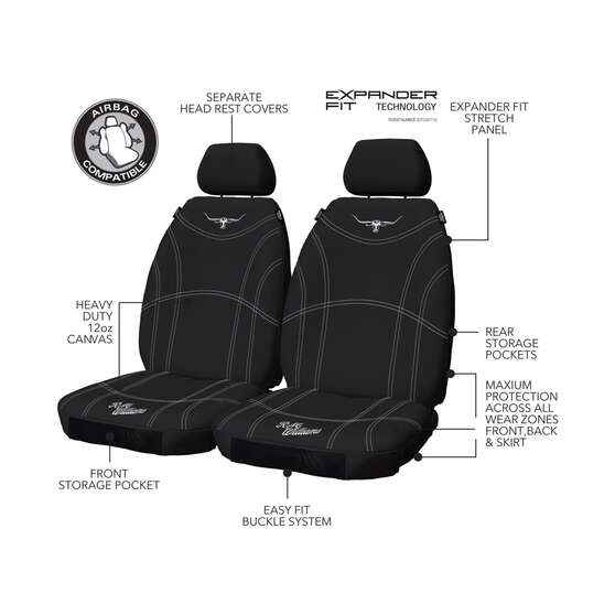R.M. Williams Canvas Seat Cover Black Adjustable Headrests Size 30 Front Pair Airbag Compatible, , scanz_hi-res