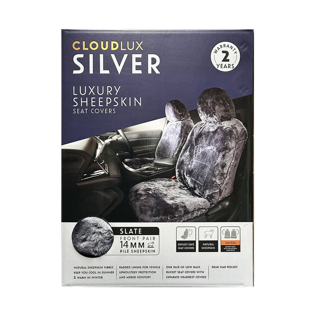 Silver CLOUDLUX Sheepskin Seat Covers - Slate Adjustable Headrests Size 30 Airbag Compatible, , scanz_hi-res