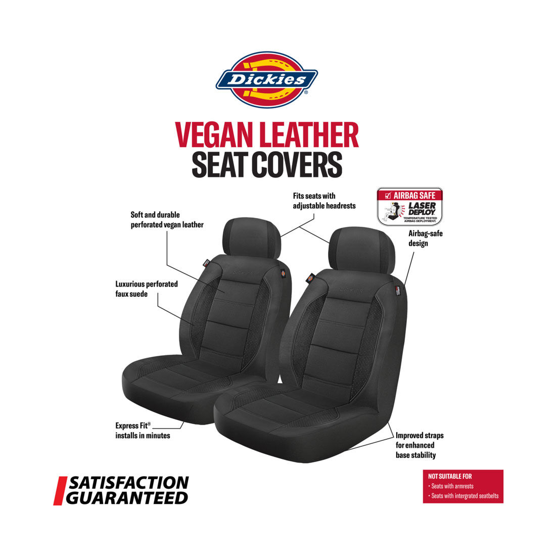 Dickies Premium Leather Look & Suede Seat Covers Black Adjustable Headrests Airbag Compatible, , scanz_hi-res