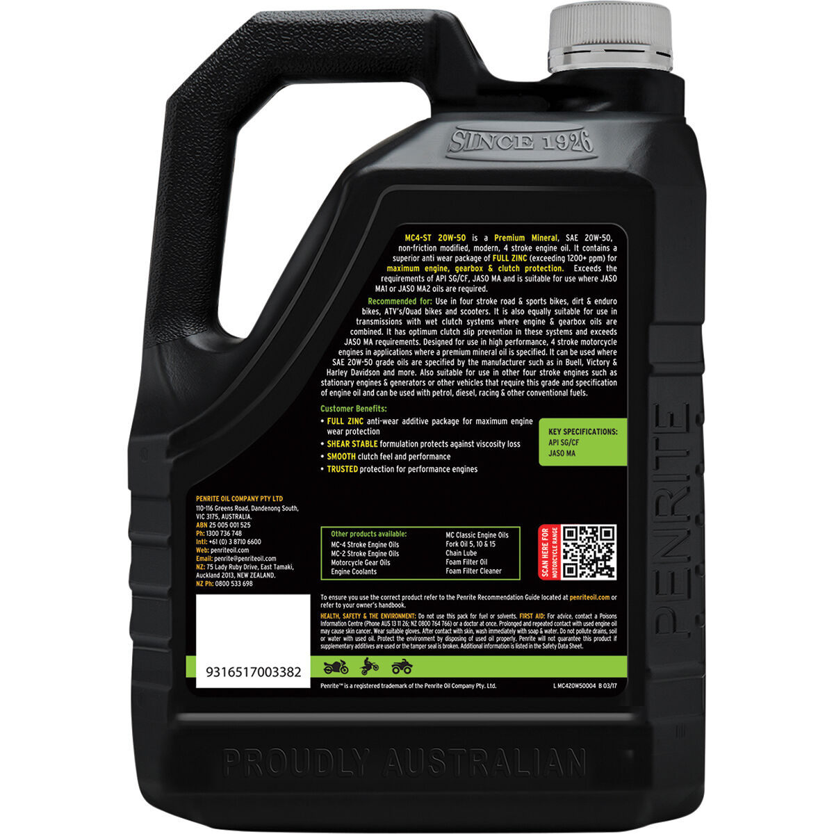 Penrite MC-4 Motorcycle Oil - 20W-50, 4 Litre, , scanz_hi-res
