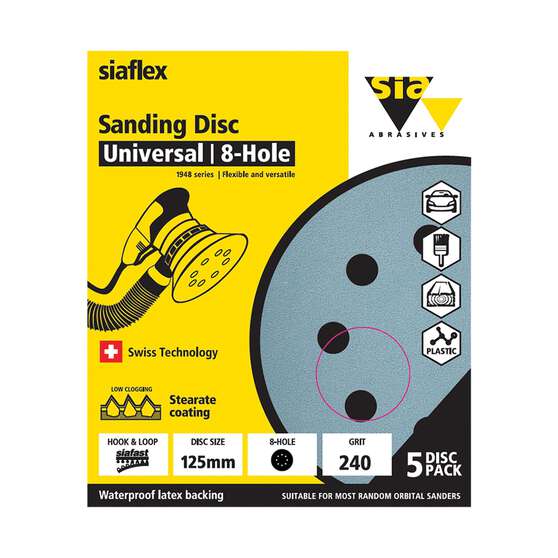 SIA Abrasives 125mm Wet & Dry Sanding Disc, 1948 Series, 8 Hole, 240 Grit, 5 Pack, , scanz_hi-res