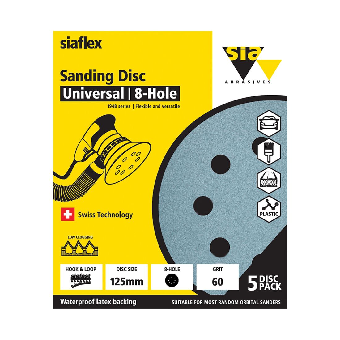 SIA Abrasives 125mm Wet & Dry Sanding Disc, 1948 Series, 8 Hole, 60 Grit, 5 Pack, , scanz_hi-res