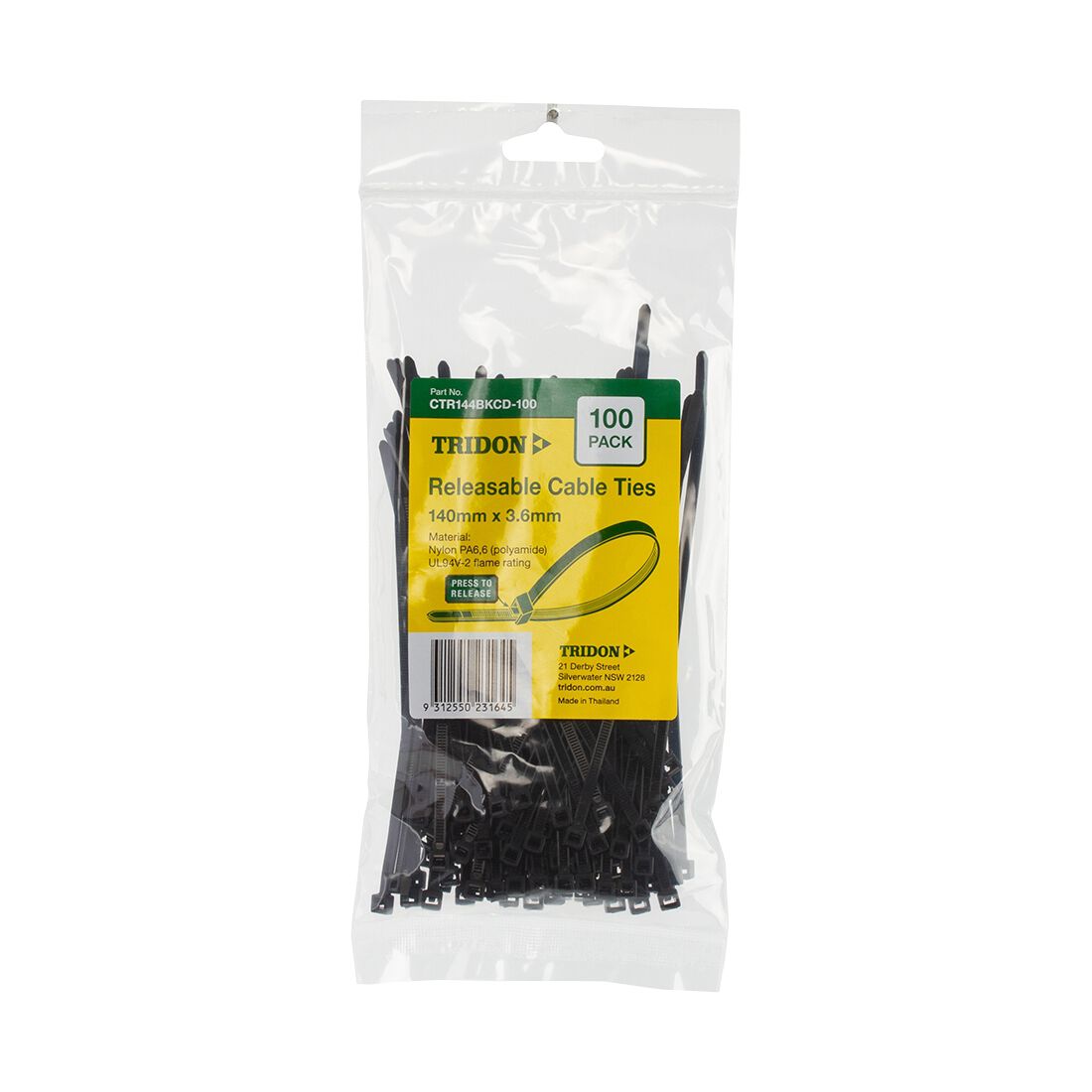 Tridon Releasable Cable Ties, Black, 140 x 3.6mm, 100 Pack - CTR144BKCD-100, , scanz_hi-res