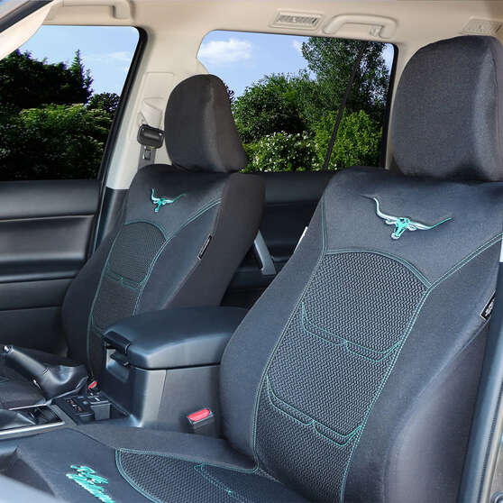 R.M.Williams Aqua Jacquard Seat Covers Black/Aqua Adjustable Headrests Airbag Compatible, , scanz_hi-res