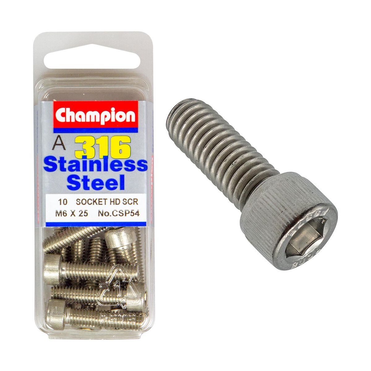 Champion Socket Head Cap Screws Stainless Steel M6x25mm 316/A4, , scanz_hi-res