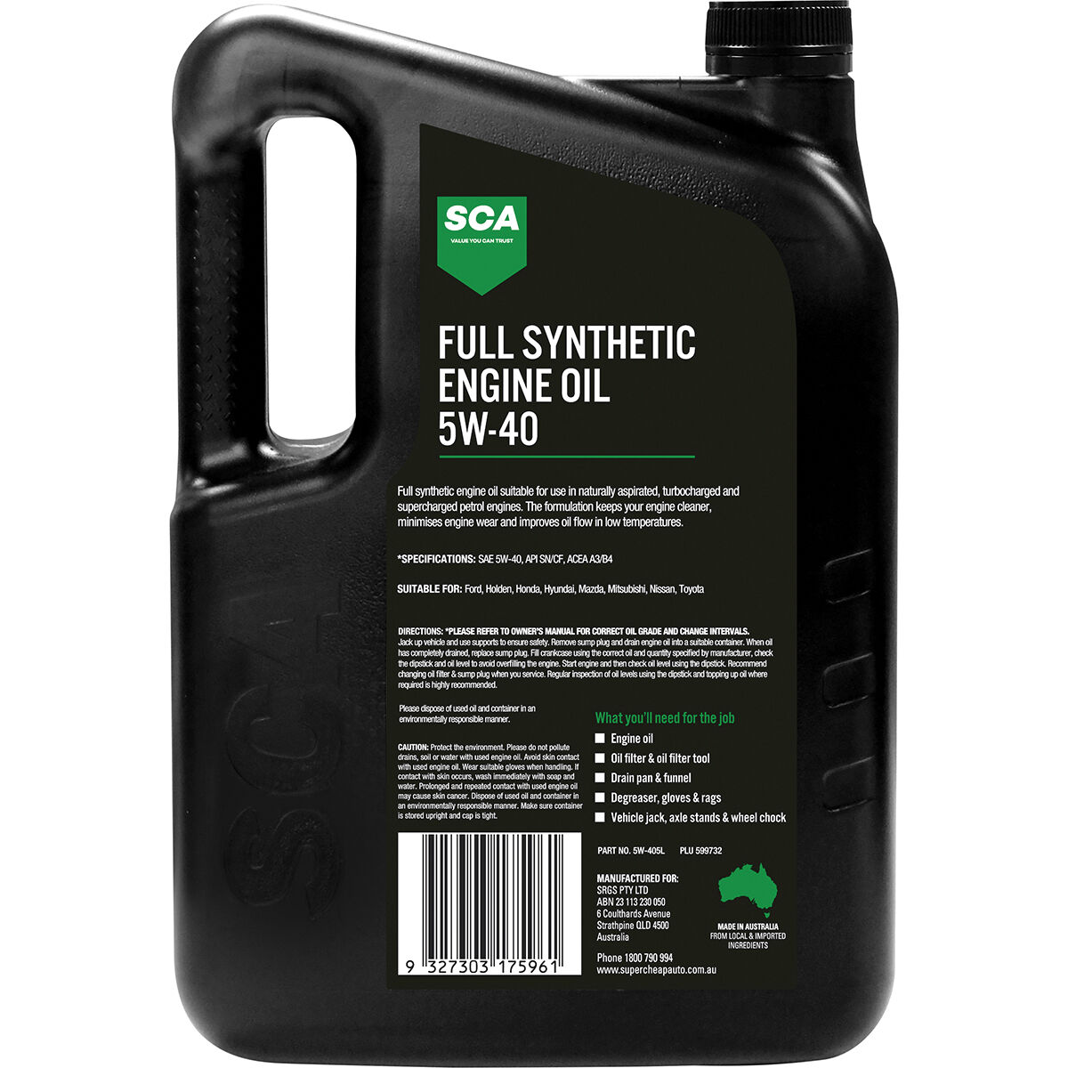 SCA Full Synthetic Engine Oil 5W-40 A3/B4 5 Litre, , scanz_hi-res
