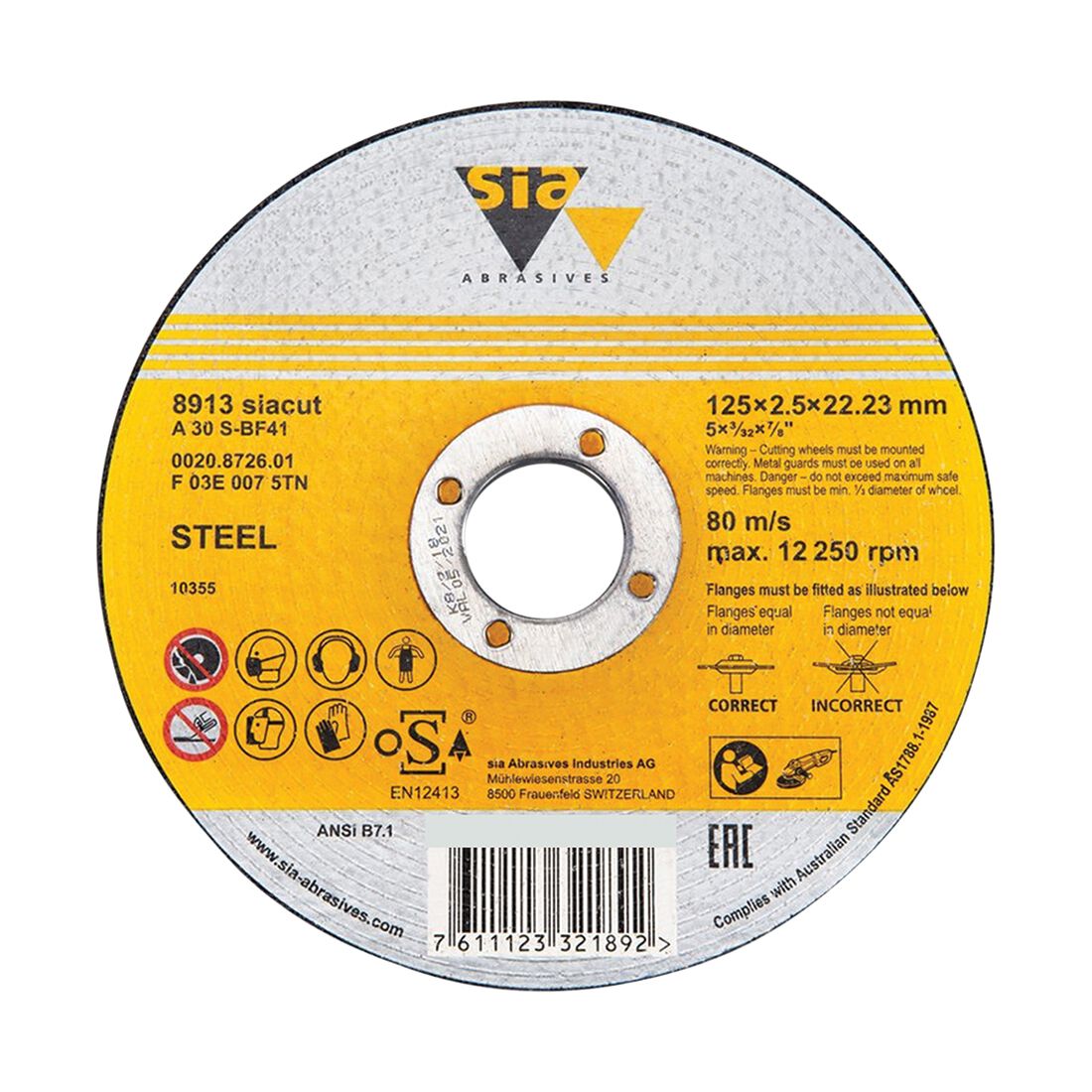 SIA Abrasives Metal Cutting Disc, 8913 Series, 125X25X22.2mm, Steel Bonded, , scanz_hi-res