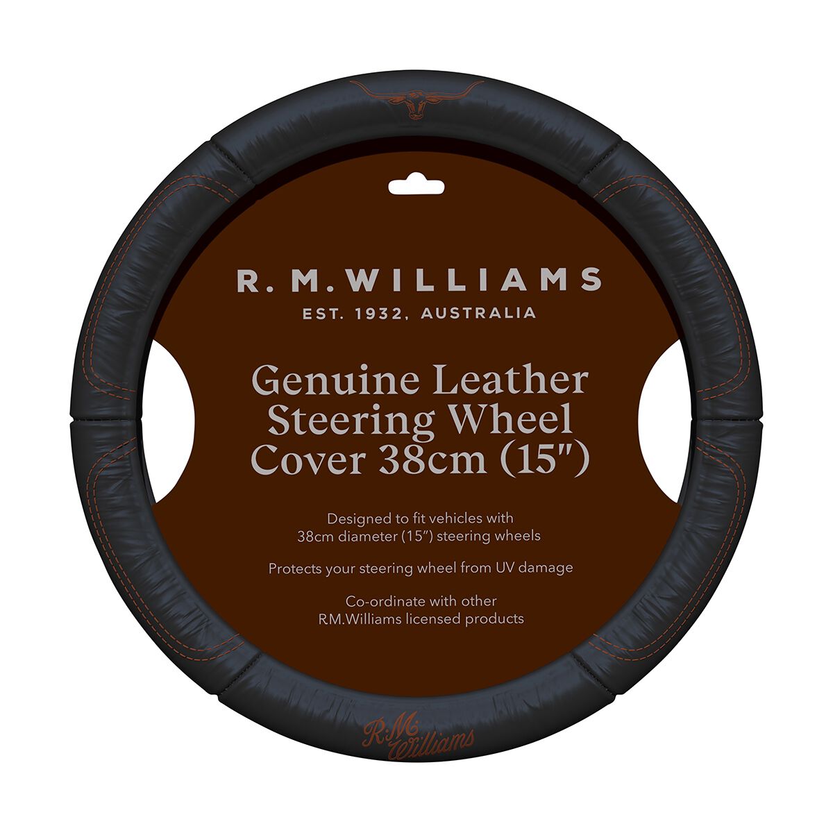 R.M.Williams Tan Leather Steering Wheel Cover, Black/Tan, 380mm, , scanz_hi-res