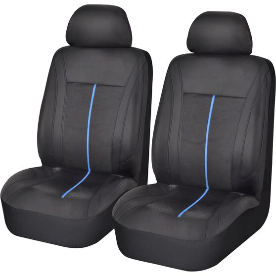 SCA Leather Look Sports Seat Covers - Black and Blue, Adjustable Headrests, Size 30, Front Pair, Airbag Compatible, , scanz_hi-res