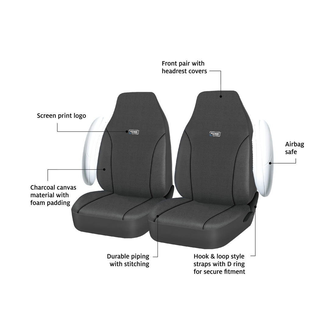 Ridge Ryder Canvas Seat Covers Charcoal/Black Piping Built-In Headrests Airbag Compatible 60SAB, , scanz_hi-res