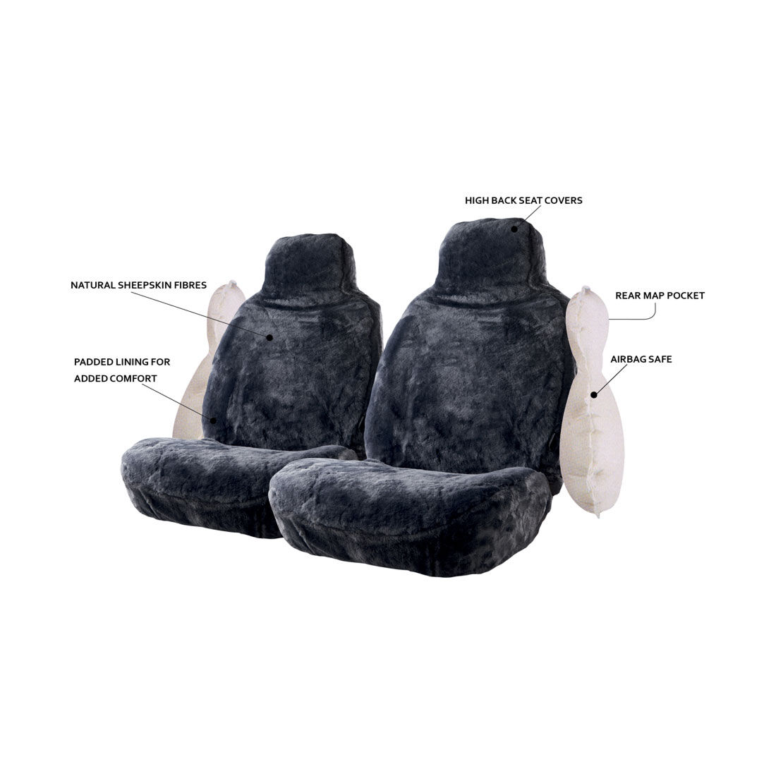 Gold CLOUDLUX Sheepskin Seat Covers - Slate Built-in Headrests Size 60 Front Pair Airbag Compatible, , scanz_hi-res