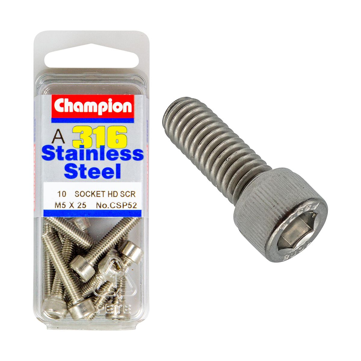 Champion Socket Head Cap Screws Stainless Steel M5x25mm 316/A4, , scanz_hi-res