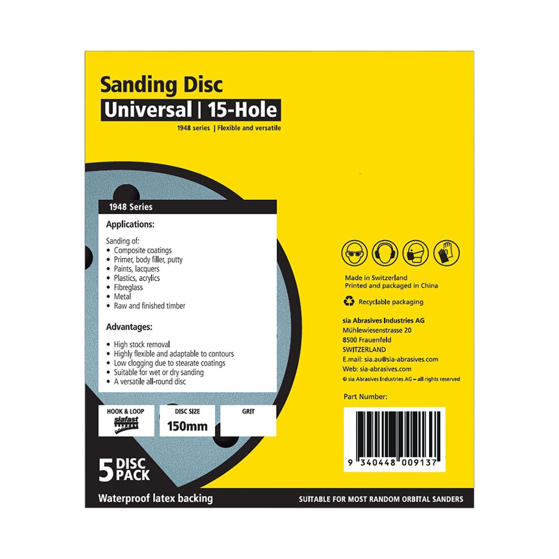 SIA Abrasives 150mm Wet & Dry Sanding Disc, 1948 Series, 8 Hole, 80 Grit, 5 Pack, , scanz_hi-res