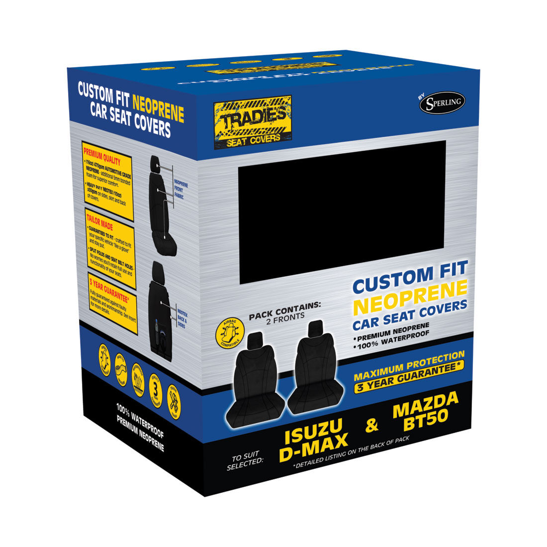 Getaway Neoprene Ready Made Seat Covers Front Pair Black suits BT50/DMAX, , scanz_hi-res