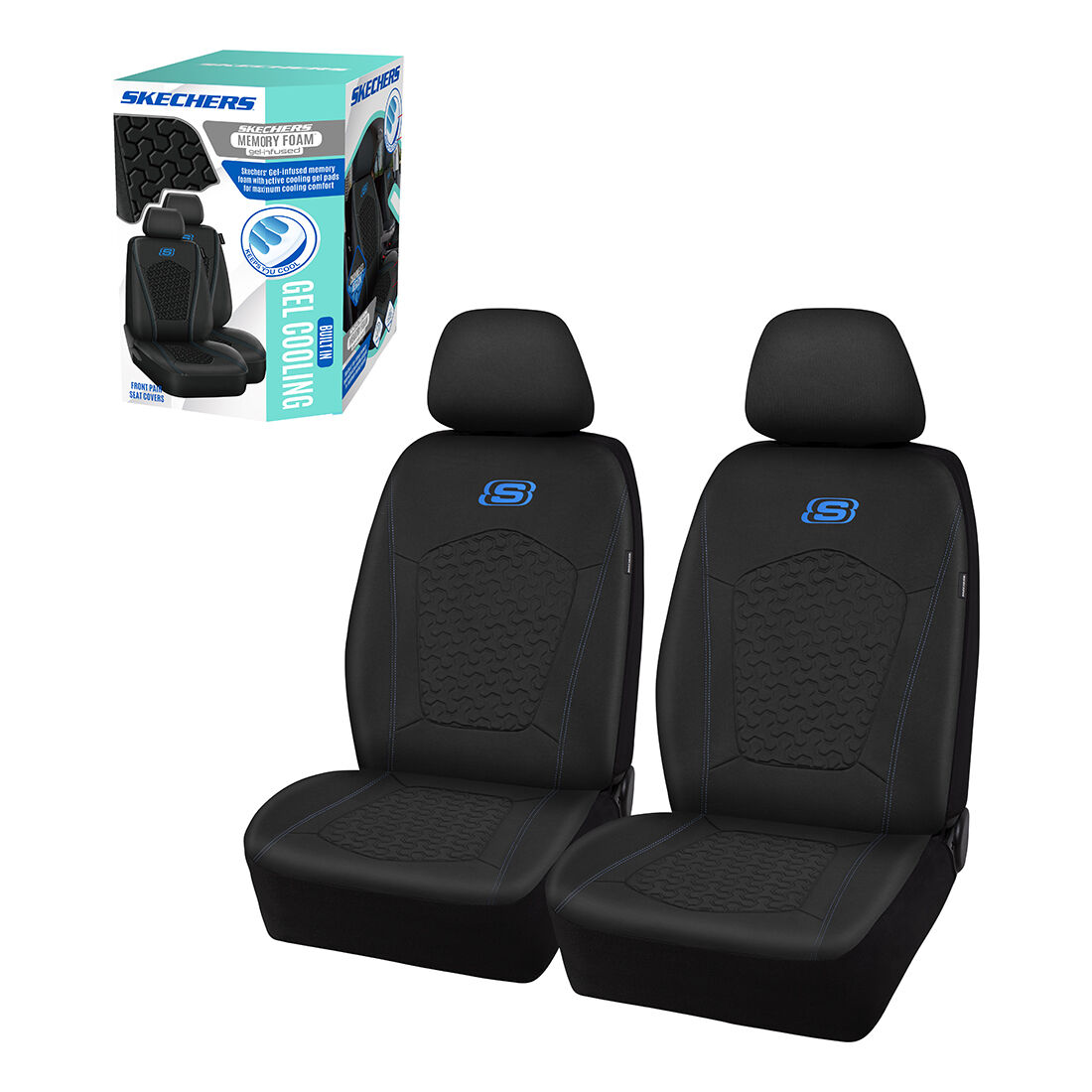Skechers Gel Memory Foam Seat Covers Black Blue Adjustable Headrests Airbag Compatible 30SAB Supercheap Auto New Zealand