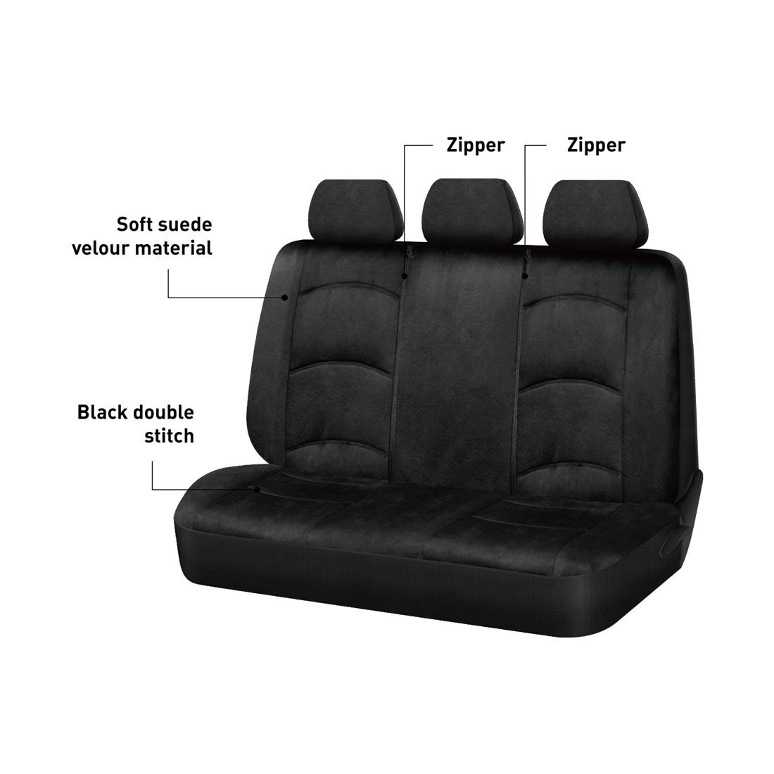 SCA Suede Velour Seat Covers Black Adjustable Headrests Rear Bench 06H, , scanz_hi-res