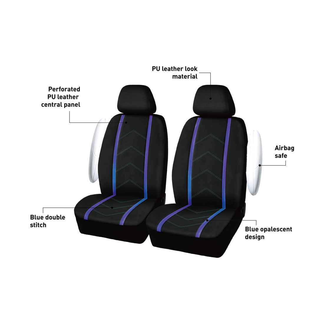 SCA Opal Leather Look Seat Covers Black/Blue Adjustable Headrests, , scanz_hi-res