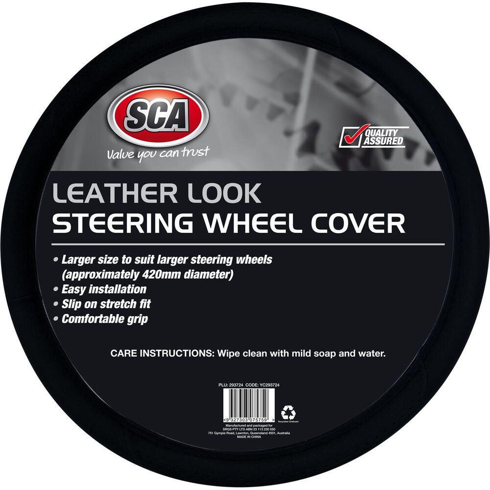 SCA Steering Wheel Cover Leather Look, Black, 430mm diameter Supercheap Auto New Zealand